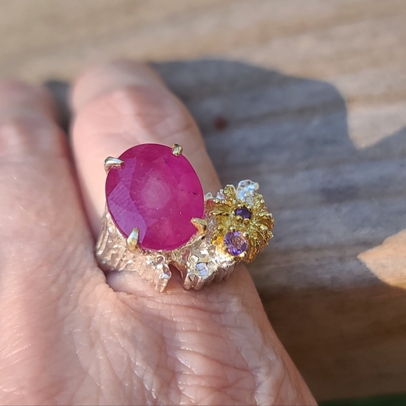 HUGE 15k Star Ruby Amethyst &Sterling & Gold 🕷 spider ring sz 8.5 - Picture 5 of 9